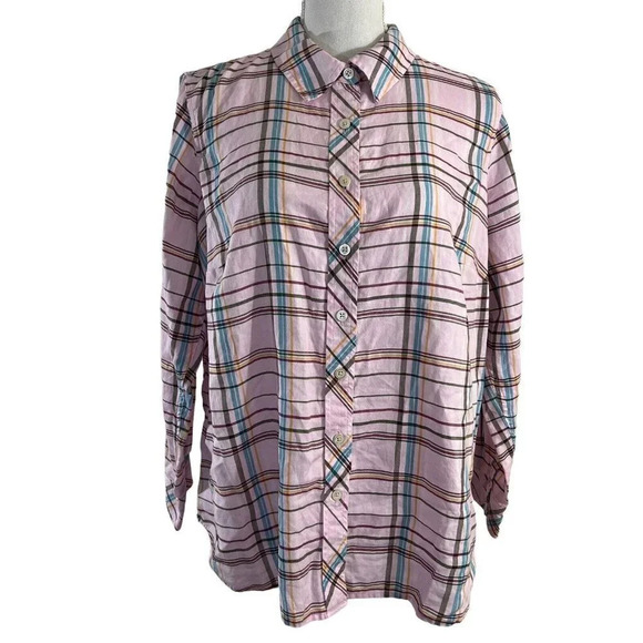 Talbots Plus Petite Pink Blue and Yellow Button Up Shirt Business Career Plaid - Picture 1 of 9